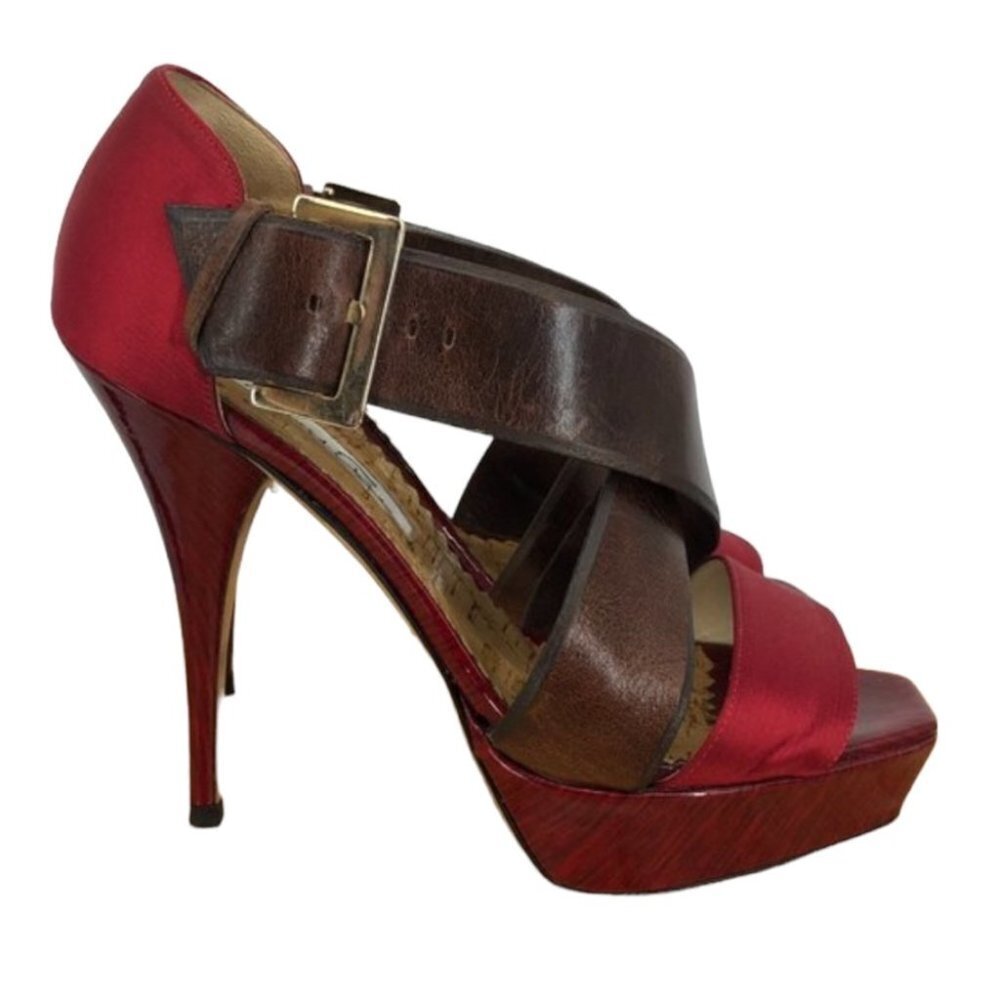 Oscar De La Renta Red Satin Brown patent leather buckle Platform Stilettos 37 - Picture 1 of 14